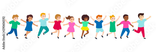 Group of cartoon happy multicultural children girl and boy joyfully run. Cute diverse kids. Vector illustration