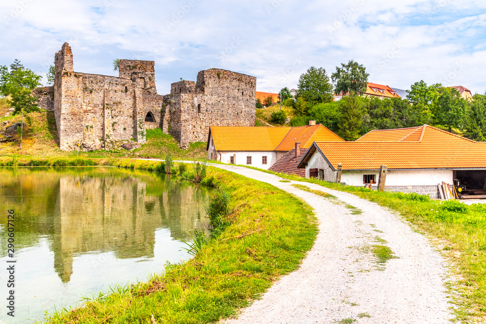 Borotin Castle ruins with romantic pond in the foreground, Borotin, South Bohemia, Czech Republic