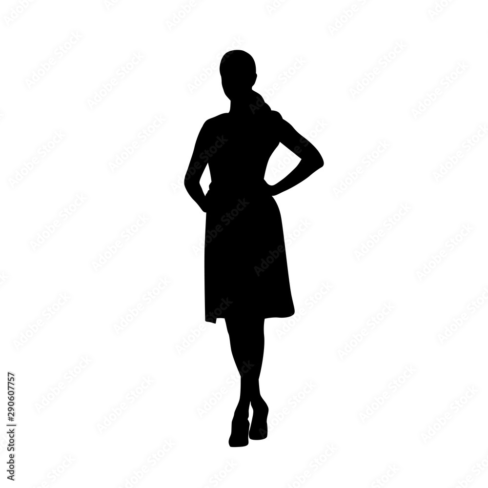 Woman in summer dress standing with hands on hips, isolated vector silhouette, front view. Young adult people