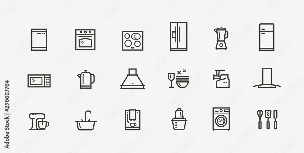 Kitchen appliances icon set. Household electronics in linear style. Vector illustration