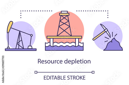 Resource depletion concept icon. Mining for fossil fuels and minerals. Energy carriers. Oil rig, coal mine idea thin line illustration. Vector isolated outline drawing. Editable stroke