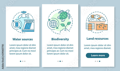 Earth resources onboarding mobile app page screen with linear concepts. Water and land sources, biodiversity walkthrough steps graphic instructions. UX, UI, GUI vector template with illustrations