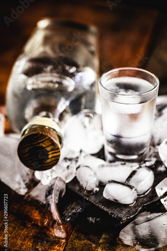 Obraz na płótnie Close-up view of vodka bottle with glass standing on ice, World Vodka Day
