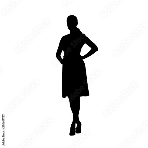 Woman in summer dress standing with hands on hips, isolated vector silhouette, front view. Young adult people