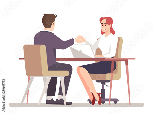 Recruiter hiring employee flat vector illustration. Successful job interview. Employer hiring worker. HR manager handshaking with job seeker. Partners isolated cartoon characters on white background