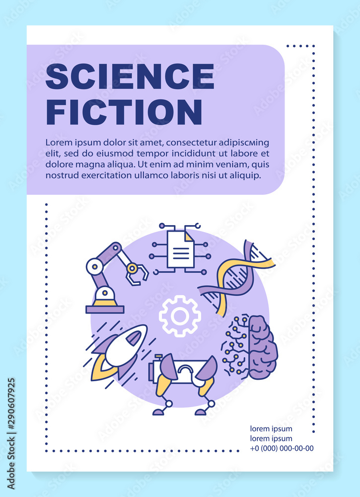 Science fiction poster template layout. Banner, booklet, leaflet print design with linear icons. Sci fi, futuristic technologies. Vector brochure page layouts for magazines, advertising flyers
