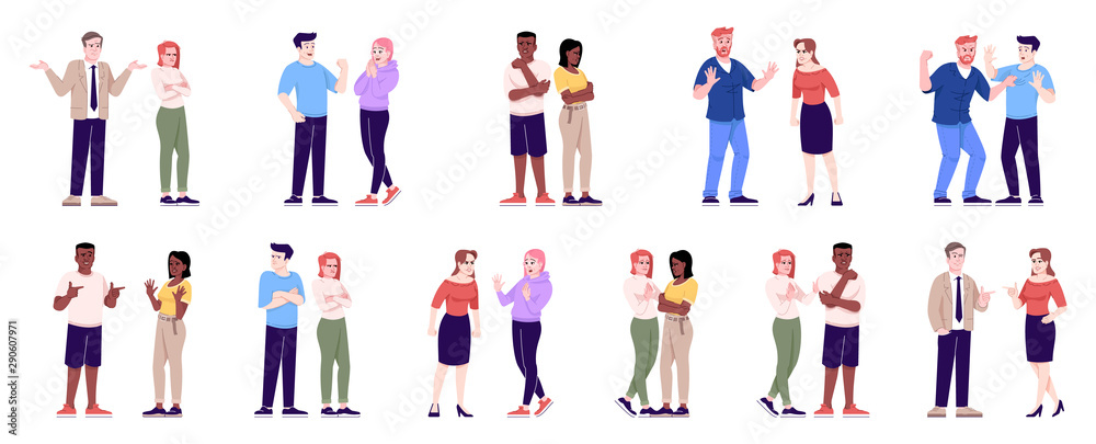People behavior flat vector illustrations set. Couples quarrel, sympathize, argue, make friends. Men and women relationship isolated cartoon characters with outline elements on white background People behavior flat vector illustrations set. Couples quarrel, sympathize, argue, make friends. Men and women relationship isolated cartoon characters with outline elements on white background