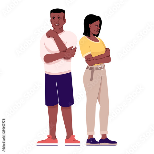 Couple quarrel flat vector illustration. African american family arguing. Relationship crisis. Man and woman offended and sad isolated cartoon characters with outline elements on white background
