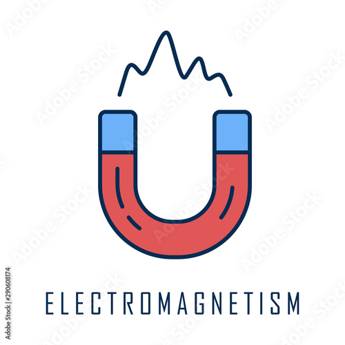 Electromagnetism color icon. Electromagnetic force. Branch of physics. Magnetic field physical phenomena. Magnetism effect. Horseshoe magnet. Metal power. Isolated vector illustration