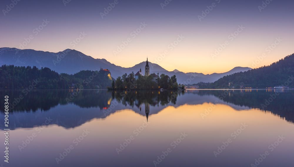 Sunrise, landscape, Lake Bled, Alps, Slovenia, Europe