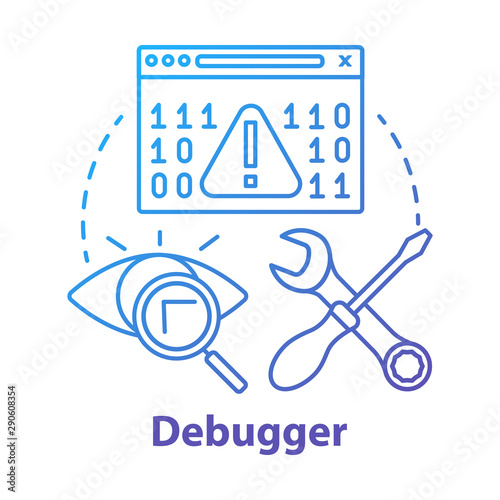 Debugger concept icon. Debugging tool. Testing and setting software. Computer program development. Code error checking idea thin line illustration. Vector isolated outline drawing