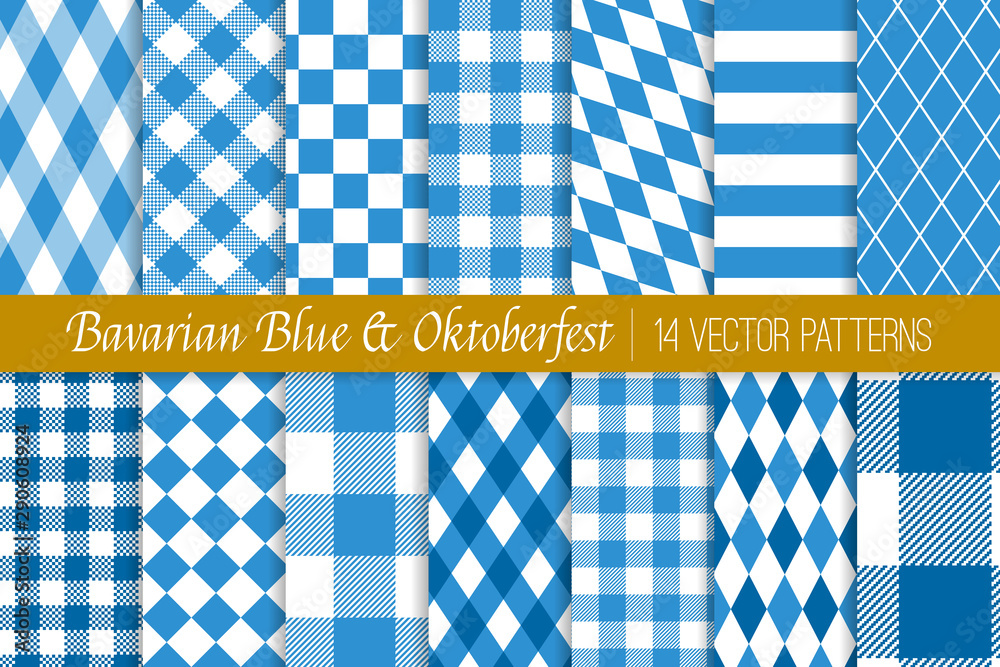 Vecteur Stock Oktoberfest Vector Patterns in Bavarian Blue and White  Lozenge, Diamond, Harlequin, Stripes, Checks and Gingham. Traditional  German Folk Festival Backgrounds. Pattern Tile Swatches Included. | Adobe  Stock