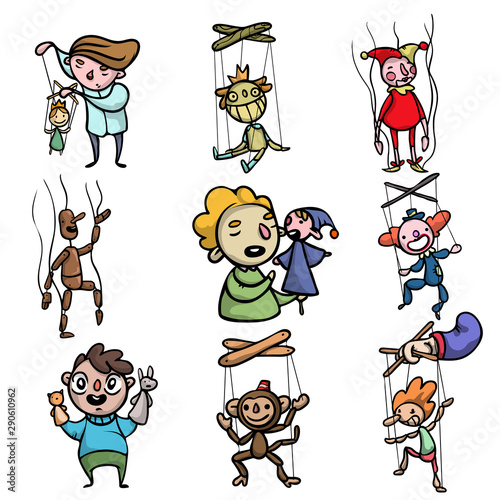 Set of puppets, marionettes and puppet masters vector illustration
