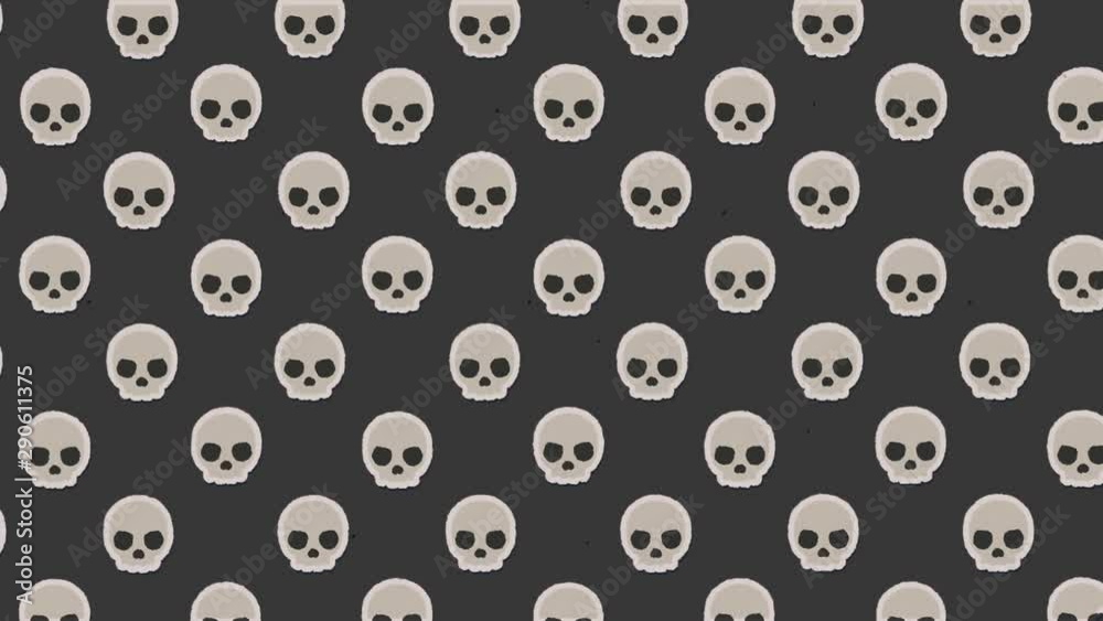 A funny spooky animation: a repeated pattern featuring a skull looking at the viewer, over a gray background, moving to the upper-left angle of the screen. Halloween party invitation backdrop. A funny spooky animation: a repeated pattern featuring a skull looking at the viewer, over a gray background, moving to the upper-left angle of the screen. Halloween party invitation backdrop.