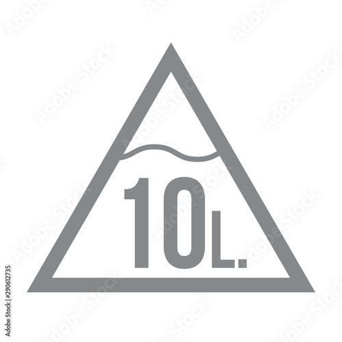 10 Liters l sign l-mark estimated volumes milliliters (ml) Vector symbol packaging, labels used for prepacked foods, drinks different liters and milliliters. 10 litre vol single icon isolated on white