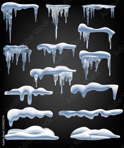 Snow elements. Snowball and snowdrift, icicles and snowcap borders. Isolated winter vector set. Vector icicles and snowcap elements on transparent background.