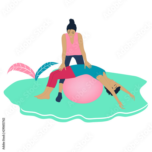 The coach, a woman, conducts classes - the girl lies on a bouncy ball - isolated - vector. Pilates. Aerobics. Yoga. Sports training