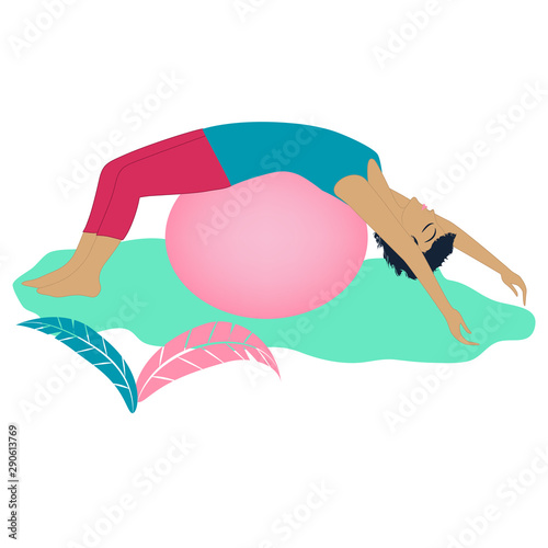 Sports training for plasticity. Girl lies on an inflatable ball - isolated - vector. Pilates. Aerobics. Yoga.