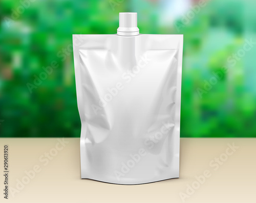Mockup Pouch Sachet Stand Up Bag Food Flexible Snack Pack. Blank Mock Up Template On Table. Green Summer Garden Background. Ready For Your Design. Product Packaging. Vector EPS10