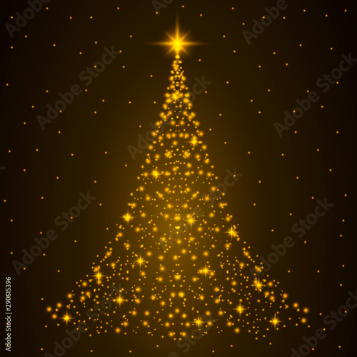 Christmas tree card background. Gold Christmas tree as symbol of Happy New Year, Merry Christmas holiday celebration. Golden star decoration. Bright shiny design Vector illustration © Galactica