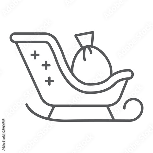 Santa claus sled thin line icon, christmas and holiday, christmas sleigh sign, vector graphics, a linear pattern on a white background.