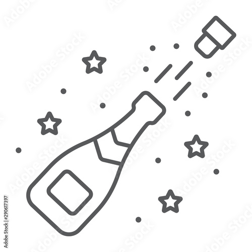 Champagne bottle pop thin line icon, alcohol and celebration, drink sign, vector graphics, a linear pattern on a white background.