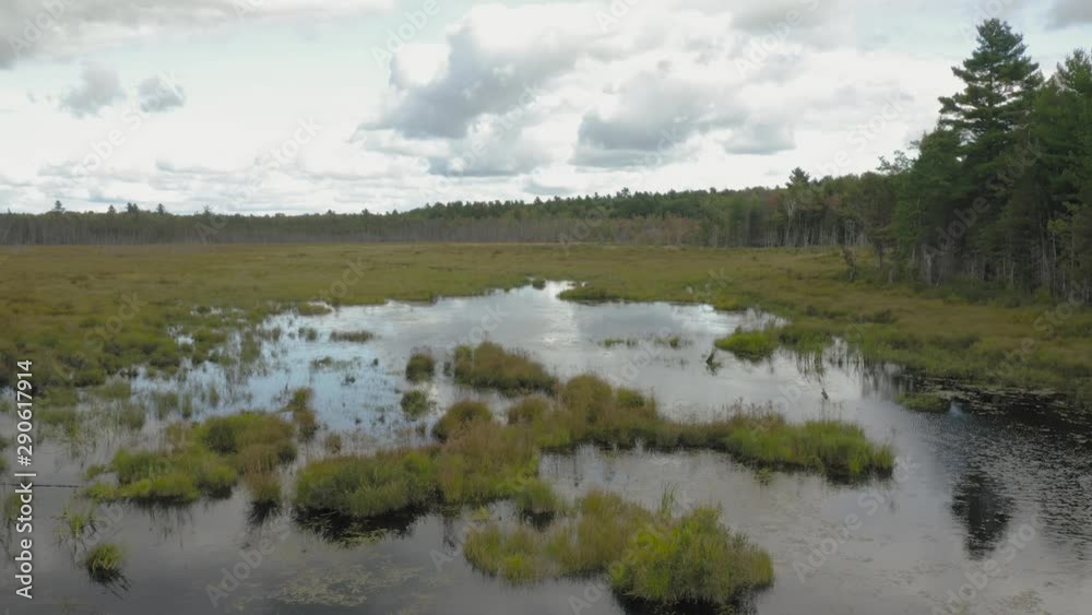 Aerial flight over marsh overcast weather Aerial flight over marsh overcast weather