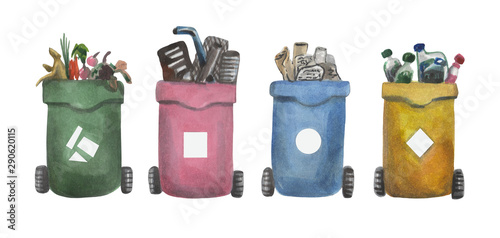 Obraz na plátně A watercolor set of four plastic containers for separate collection of garbage