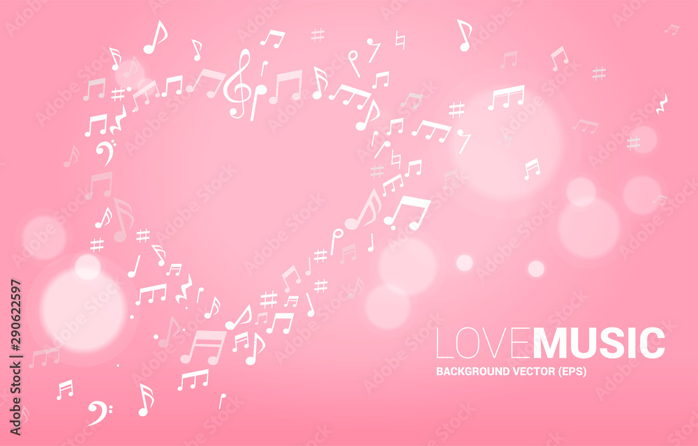Vector music melody note shaped heart form . Concept background for song and love music concert theme.