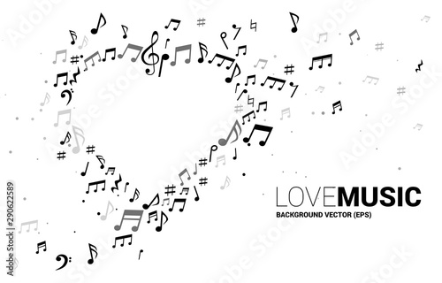 Vector music melody note shaped heart form . Concept background for song and love music concert theme.