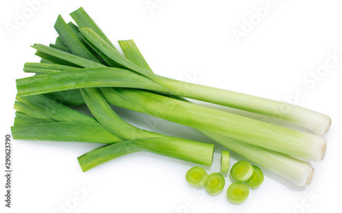 Fresh leek on white background photo