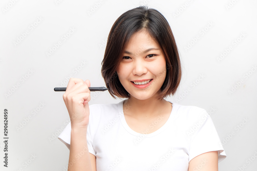 Asian business beauty fashion women hold pen on white background Asian business beauty fashion women hold pen on white background