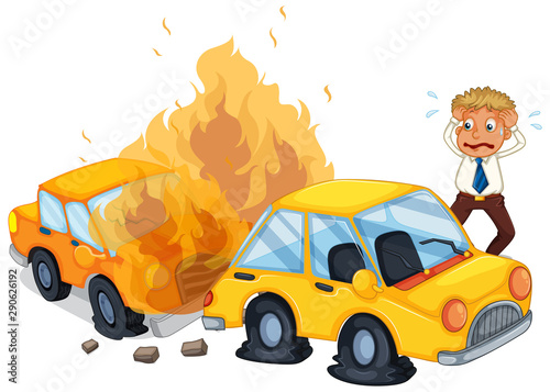 Accident scene with car on fire