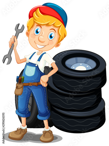 Mechanic with tools and tyres