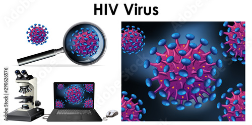 HIV virus on computer screen and magnifying glass