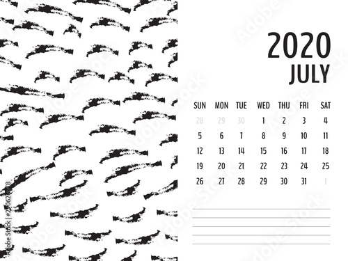 Desk Calendar 2020 template vector, JULY  2020 design, Planner vector diary in a memphis style, Week start on Sunday photo