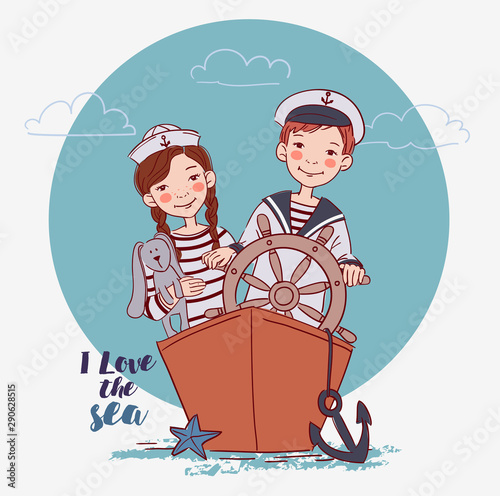 Cute boy and girl dressed as a captain and sailors having fun. Happy kids played on the ship 