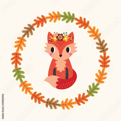 Vector greeting card with cute red fox and wreath of autumn leaves on cream background. Colorful fall illustration in flat style with copy space for thanksgiving card, web banner, menu, social media.