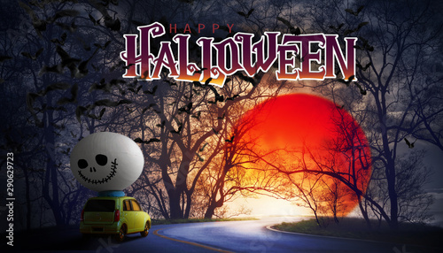 Vintage car with spooky Halloween egg  running through scary tree tunnel full moon dark night. Happy Halloween background.