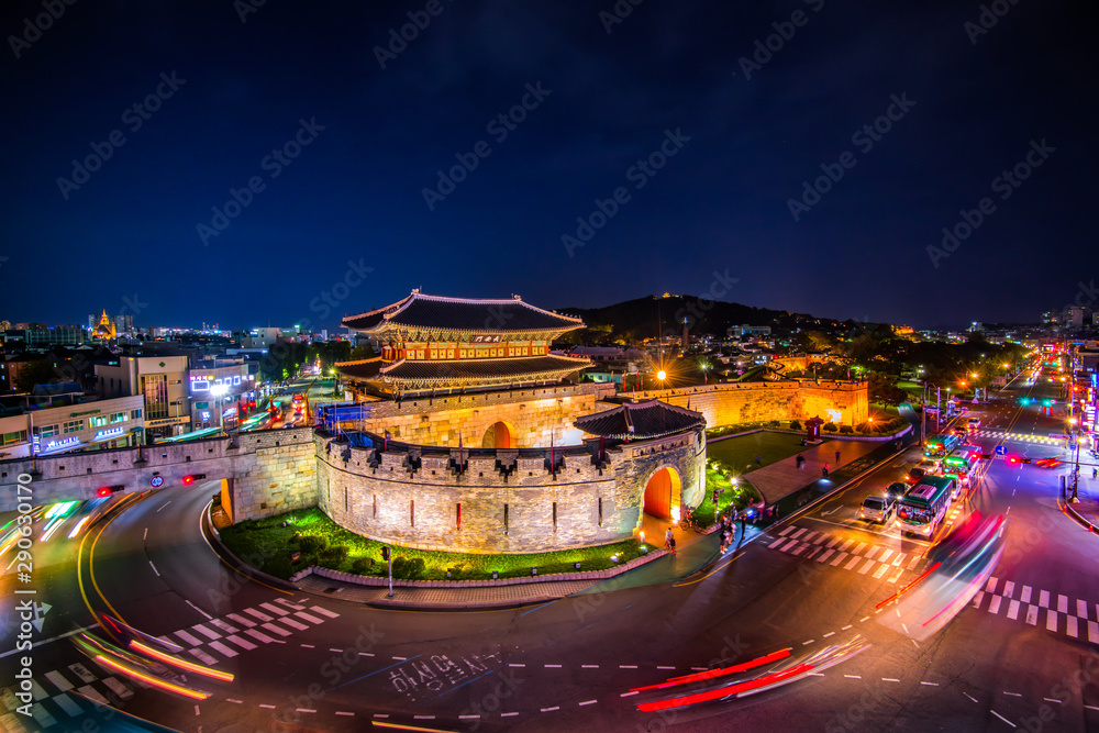 Night view of Hwaseong fortress at suwon city south Korea