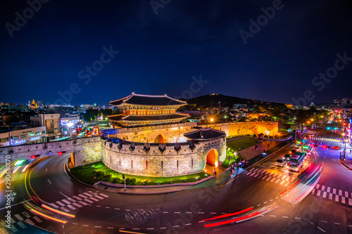 Night view of Hwaseong fortress at suwon city south Korea  photo