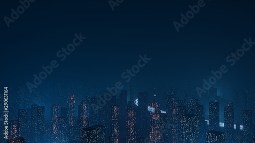 3D Rendering of abstract highway path through digital binary towers in city. Concept of big data, machine learning, artificial intelligence, hyper loop, virtual reality, high speed network.  © knssr