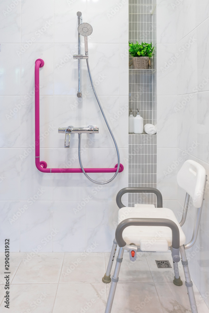 Interior of bathroom for the disabled or elderly people. Handrail for ...
