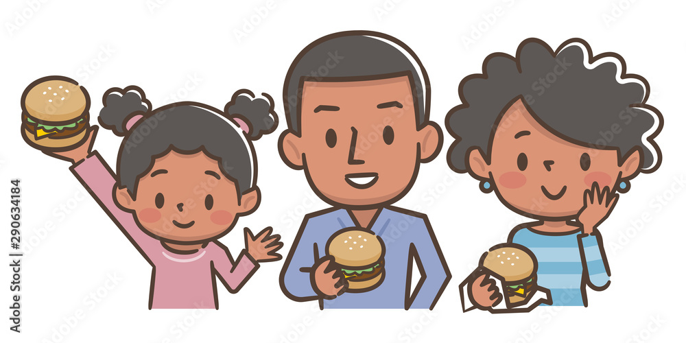 ハンバーガーを食べる外国人家族 ハンバーガーを食べる外国人家族