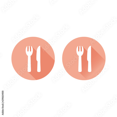 Fork and knife, diner sign circle long shadow vector icon. Restaurant colorful symbol.
