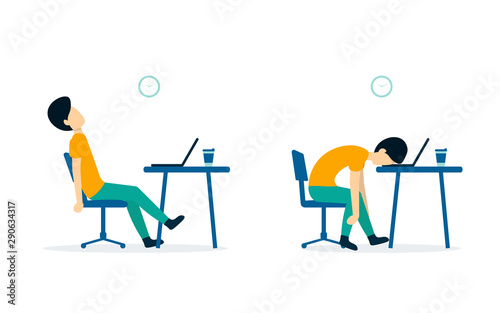 Professional burnout. Male office worker sitting at the table. Long working day. Flat vector illustration isolated on white background.
