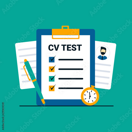 Concept of interview job, qualification cv test evaluation. Flat vector illustration.