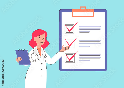 Woman doctor near the clipboard with checklist. Flat modern vector concept illustration for banner, website, landing page, template.