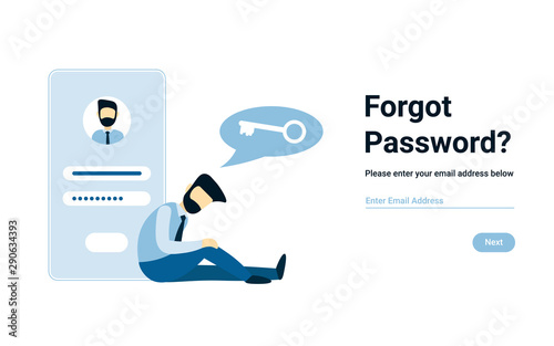 Unhappy businessman forgot account password. Vector male character design concept for business. Illustration for landing page, web, poster, banner, layout, template.
