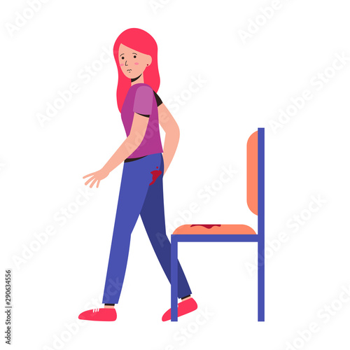 Young girl character is leaking during menstruation. Stain pants blood. Period. Feminine hygiene. Menstrual protection. Flat vector illustration. 